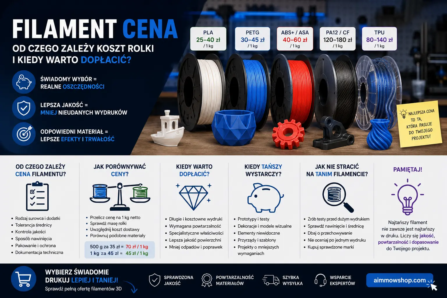 Porównanie cen filamentów PLA, PETG, ABS, ASA, TPU i PA12 do drukarek 3D