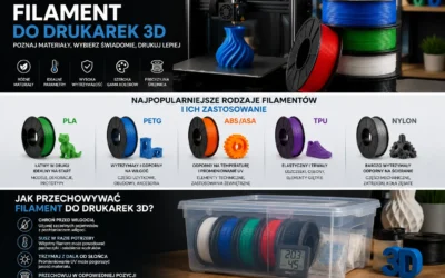 Kolorowe szpule filamentów do drukarek 3D oraz przykładowe modele wykonane w technologii FDM