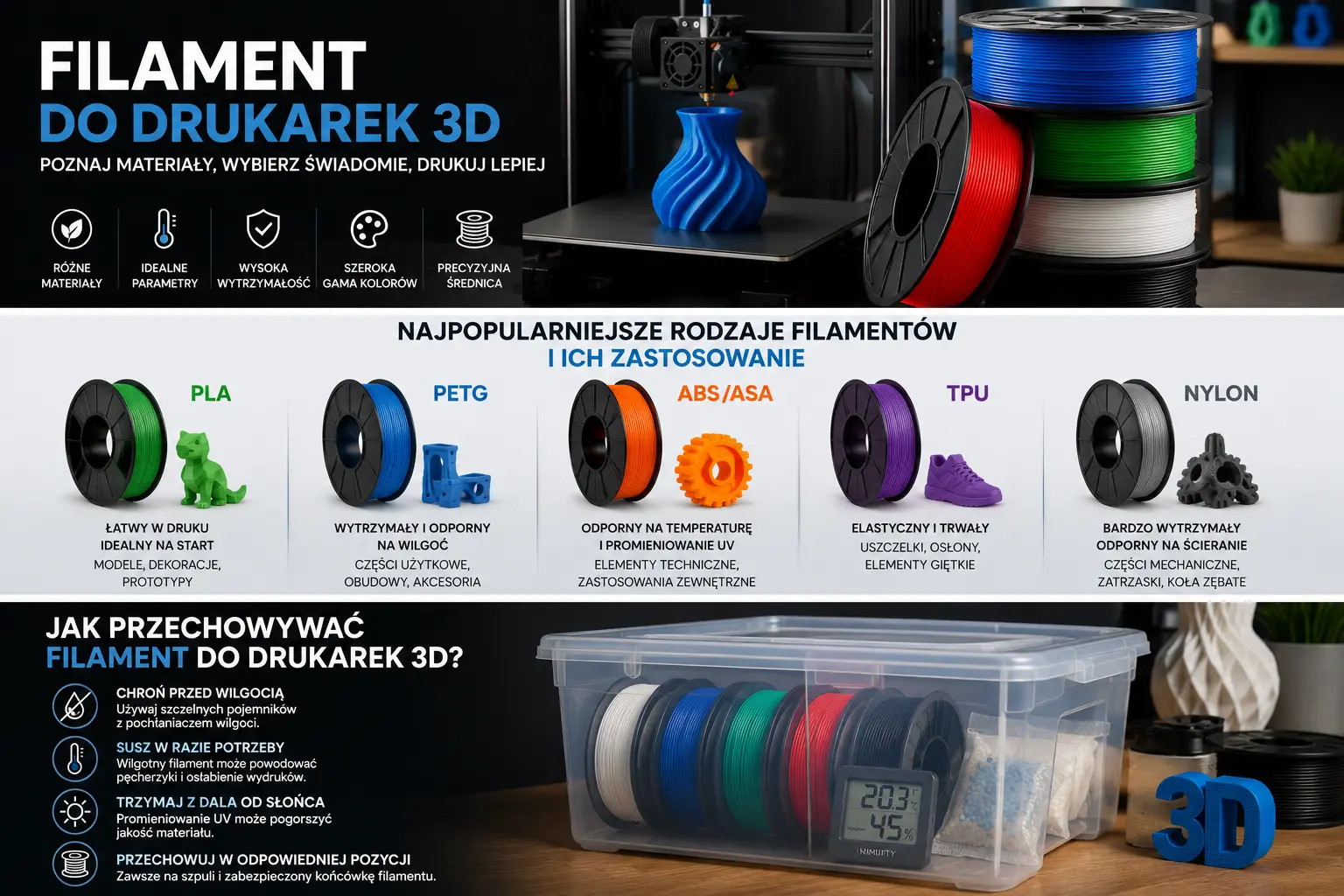 Kolorowe szpule filamentów do drukarek 3D oraz przykładowe modele wykonane w technologii FDM