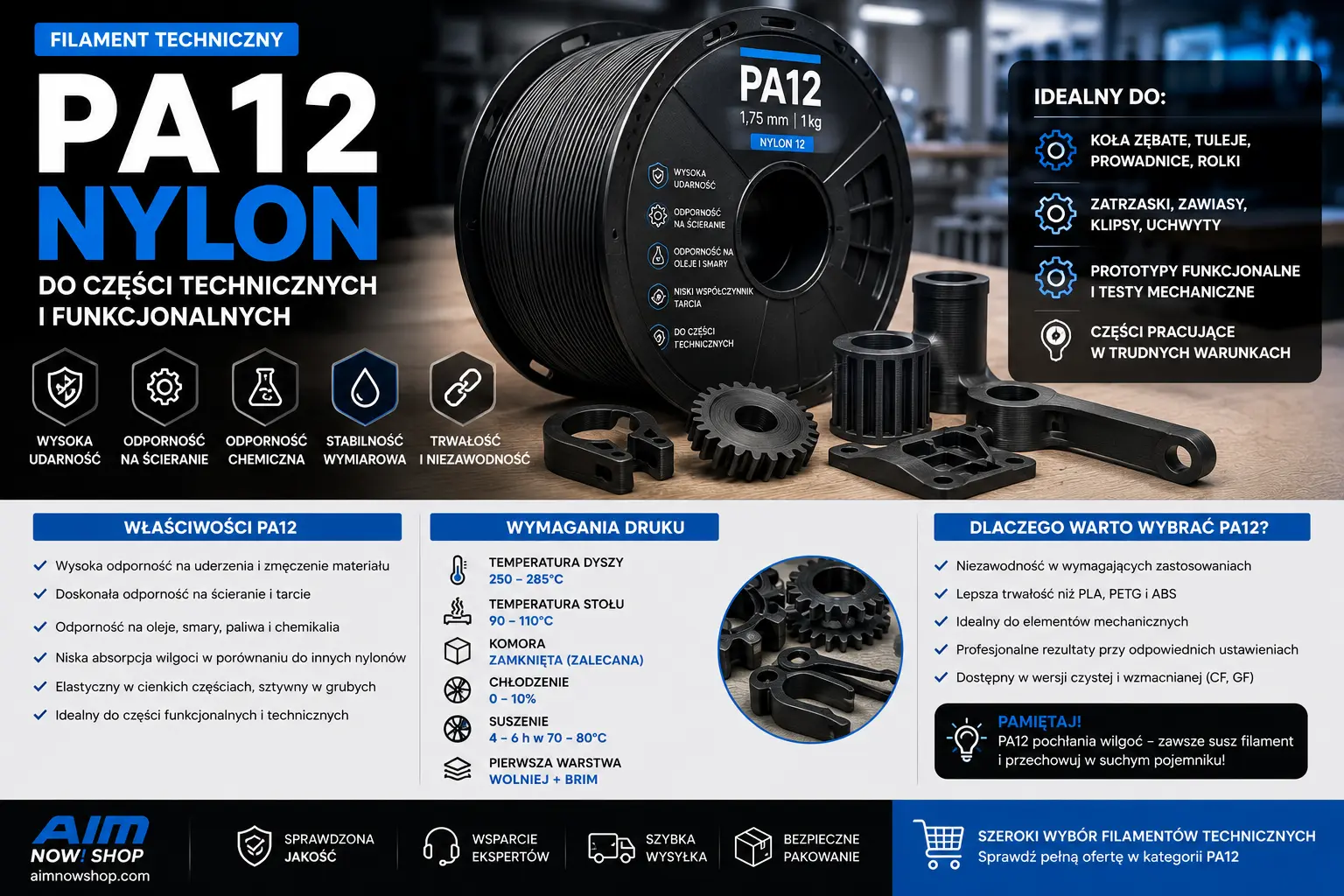 Filament PA12 oraz koła zębate, tuleje i części techniczne wydrukowane z nylonu