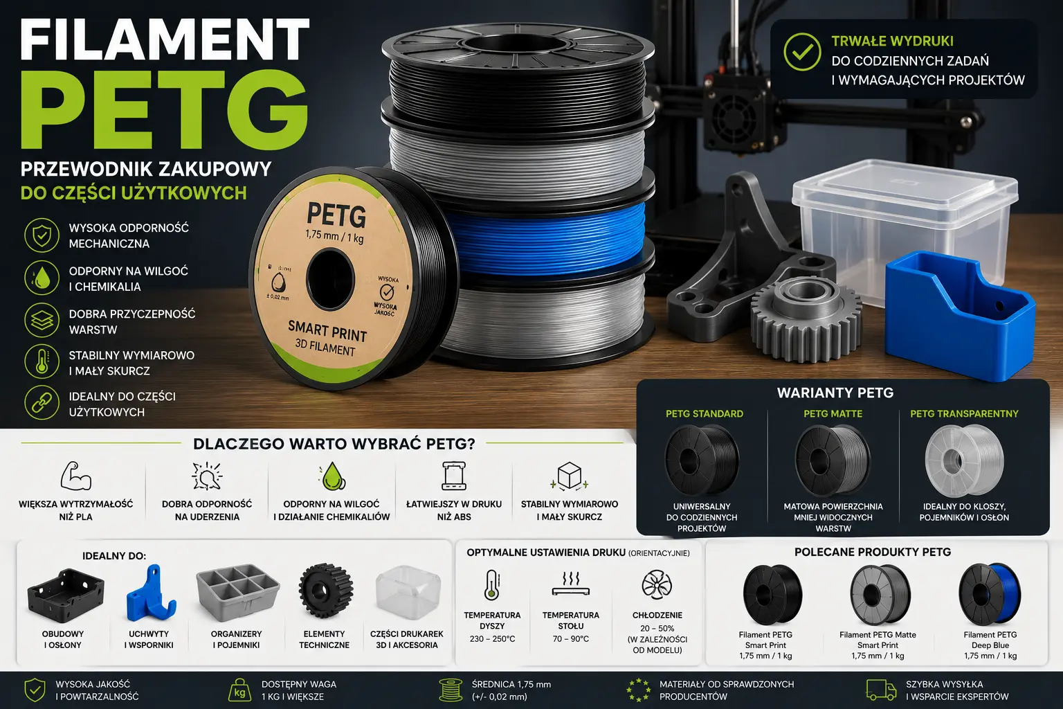 Filament PETG i przykładowe części użytkowe wydrukowane na drukarce 3D