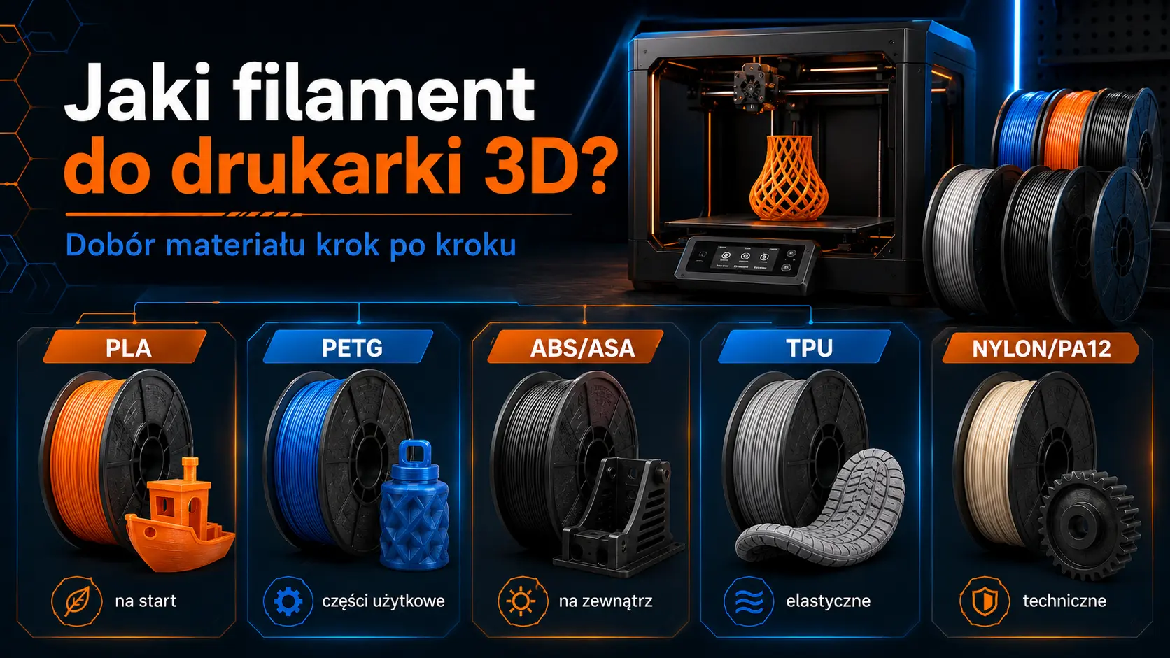Porównanie filamentów PLA, PETG, ABS, ASA, TPU i PA12 do drukarki 3D
