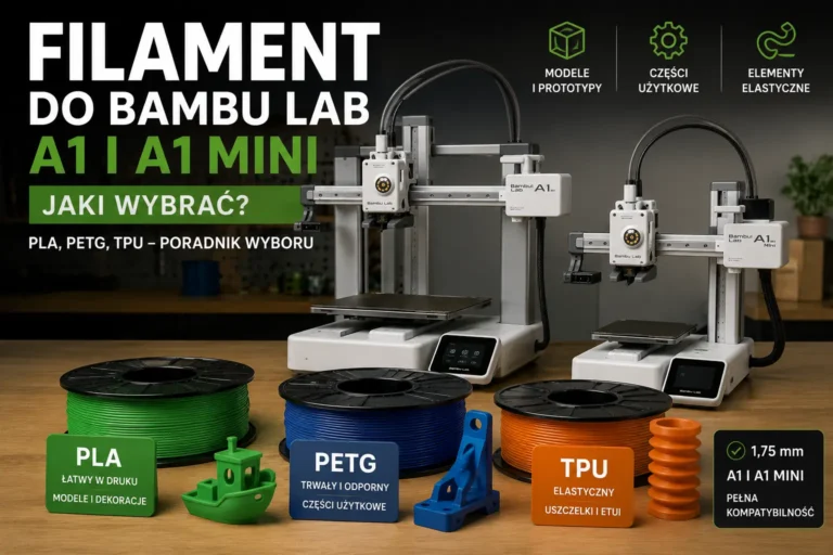 Drukarka 3D w ciemnym warsztacie oraz poradnik wyboru filamentu do Bambu Lab A1 i A1 Mini