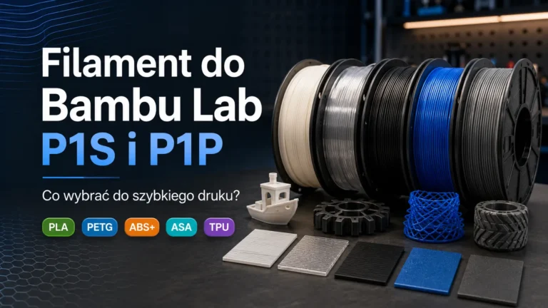 Szpule filamentów PLA, PETG, ABS+, ASA i TPU oraz przykładowe wydruki 3D – poradnik do Bambu Lab P1S i P1P