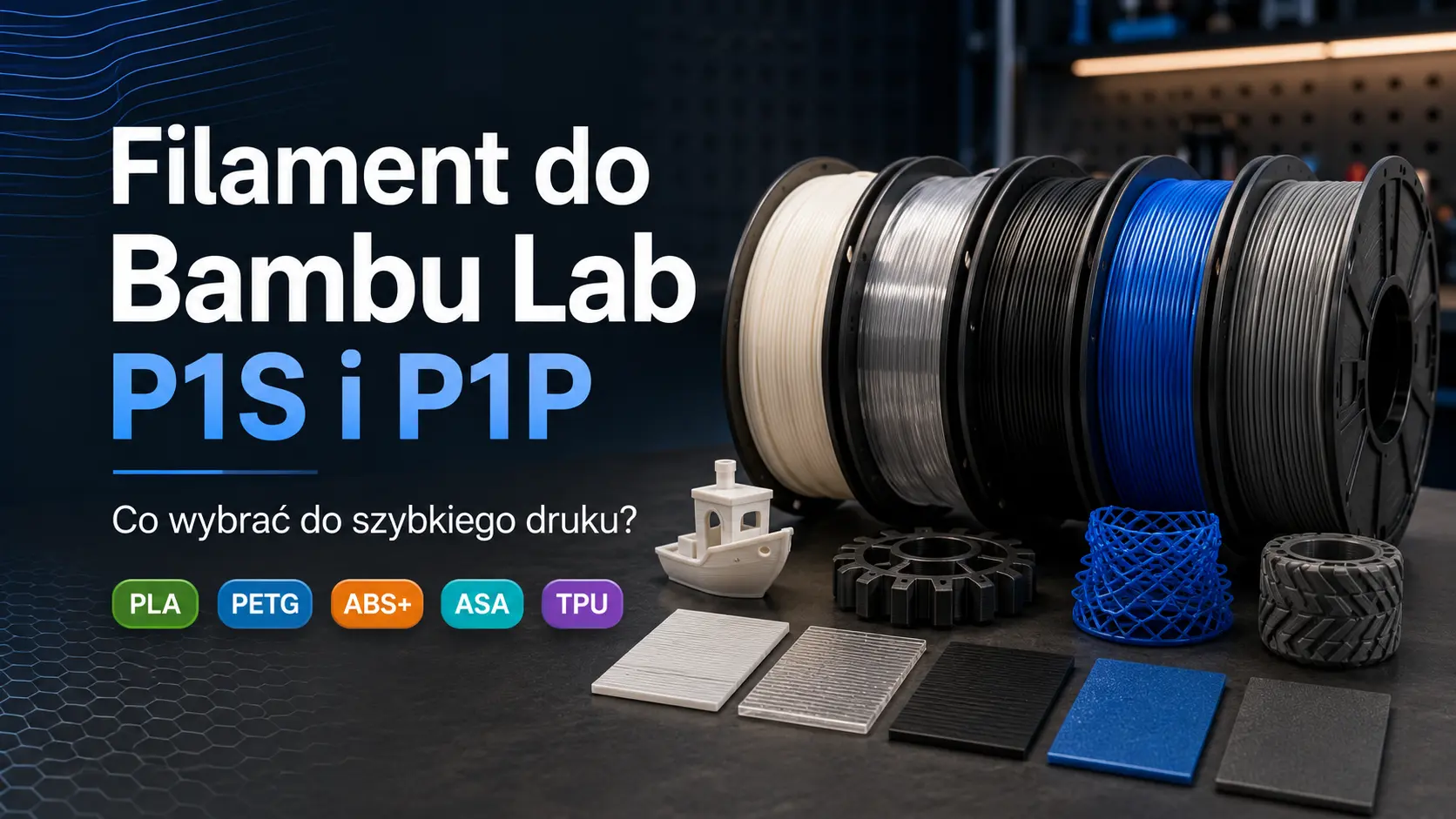 Szpule filamentów PLA, PETG, ABS+, ASA i TPU oraz przykładowe wydruki 3D – poradnik do Bambu Lab P1S i P1P