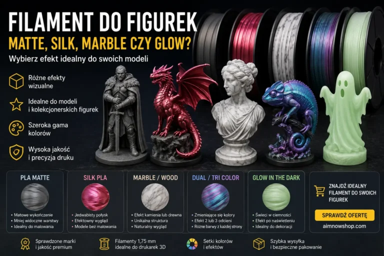 Figurki 3D wykonane z filamentów PLA Matte, Silk, Marble, Dual Color i Glow in the Dark