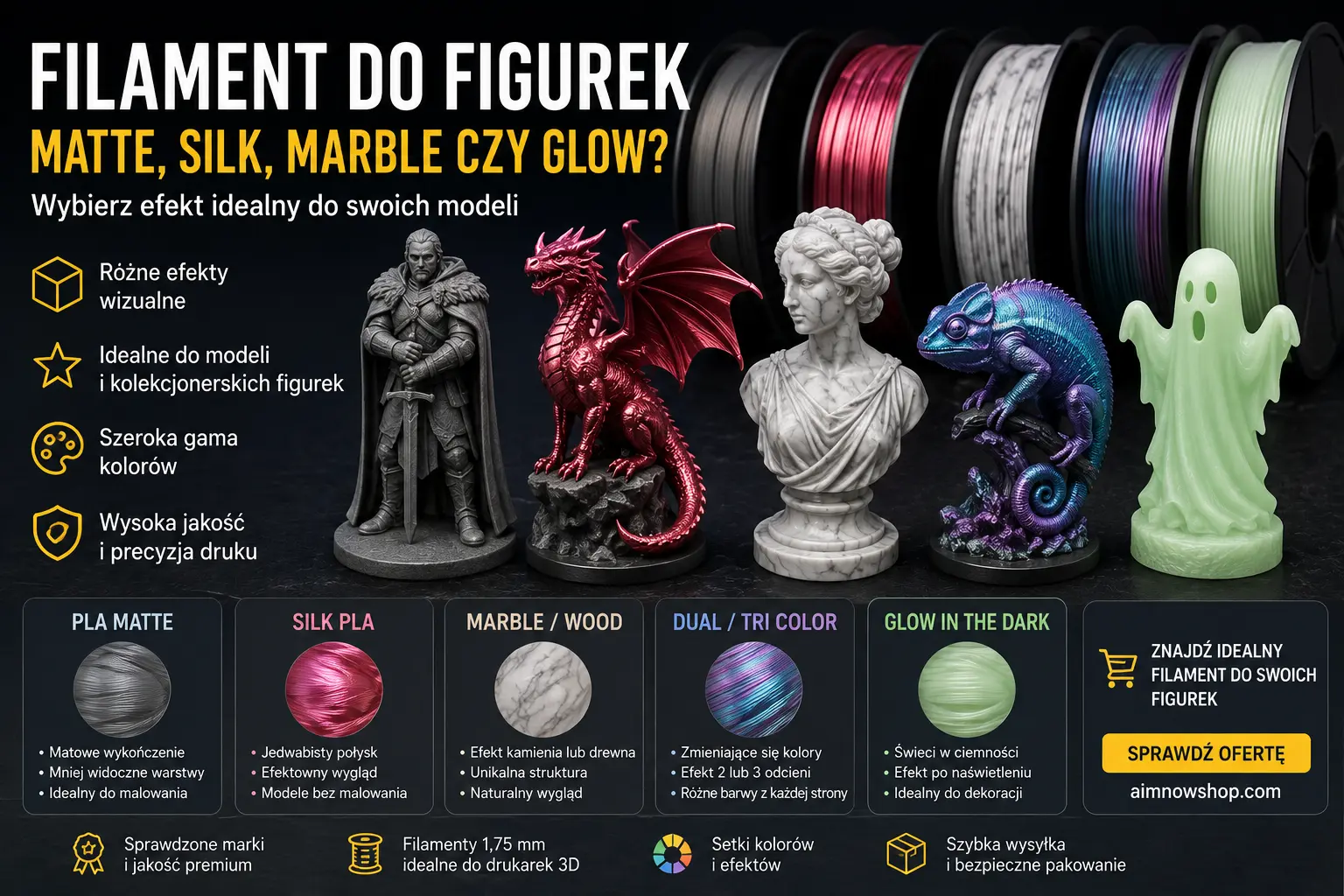 Figurki 3D wykonane z filamentów PLA Matte, Silk, Marble, Dual Color i Glow in the Dark